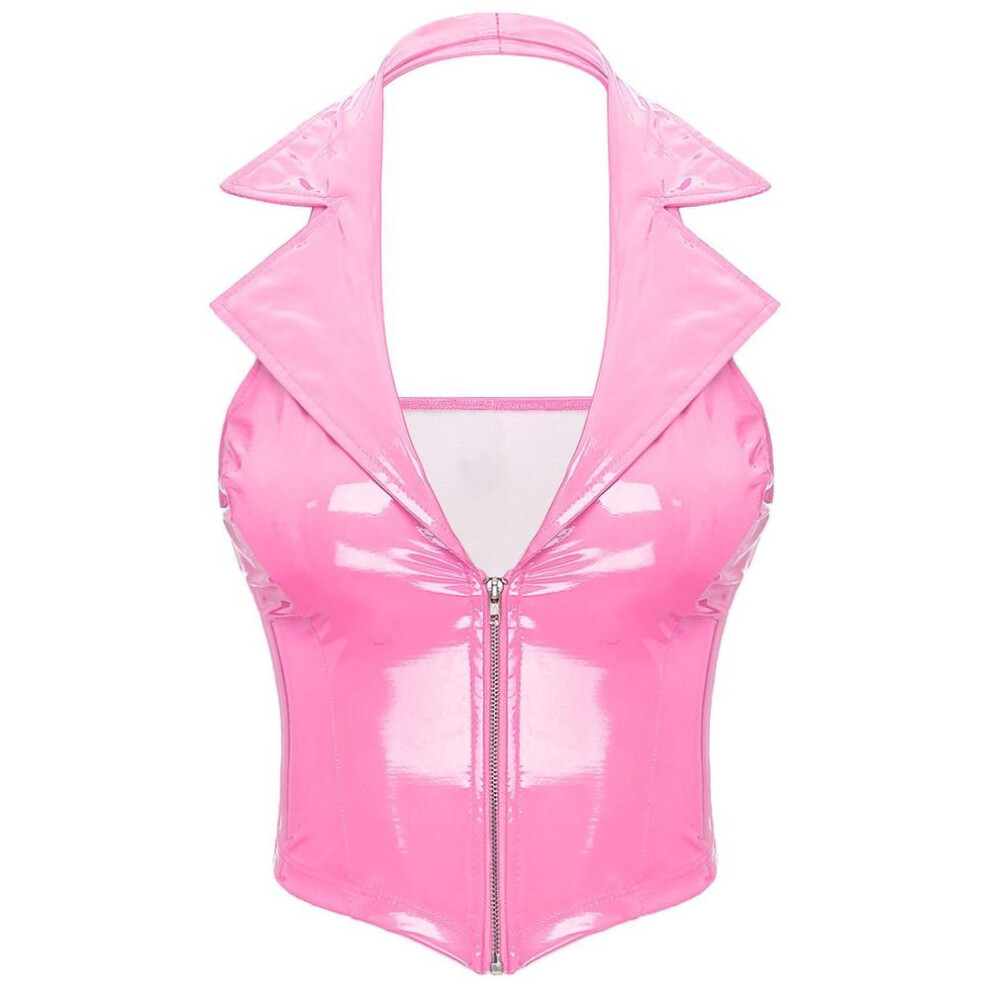 (pink, M) Women&apos;s Pu Leather Crop Top Slim Fit Vest Tank Top Backless Camisole Shirt Tops