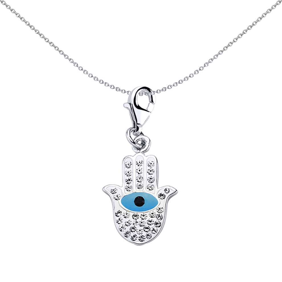 Jewelco London Sterling Silver Black Blue Enamel White Crystal Hamsa Hand 5 Charm Pendant - CM144