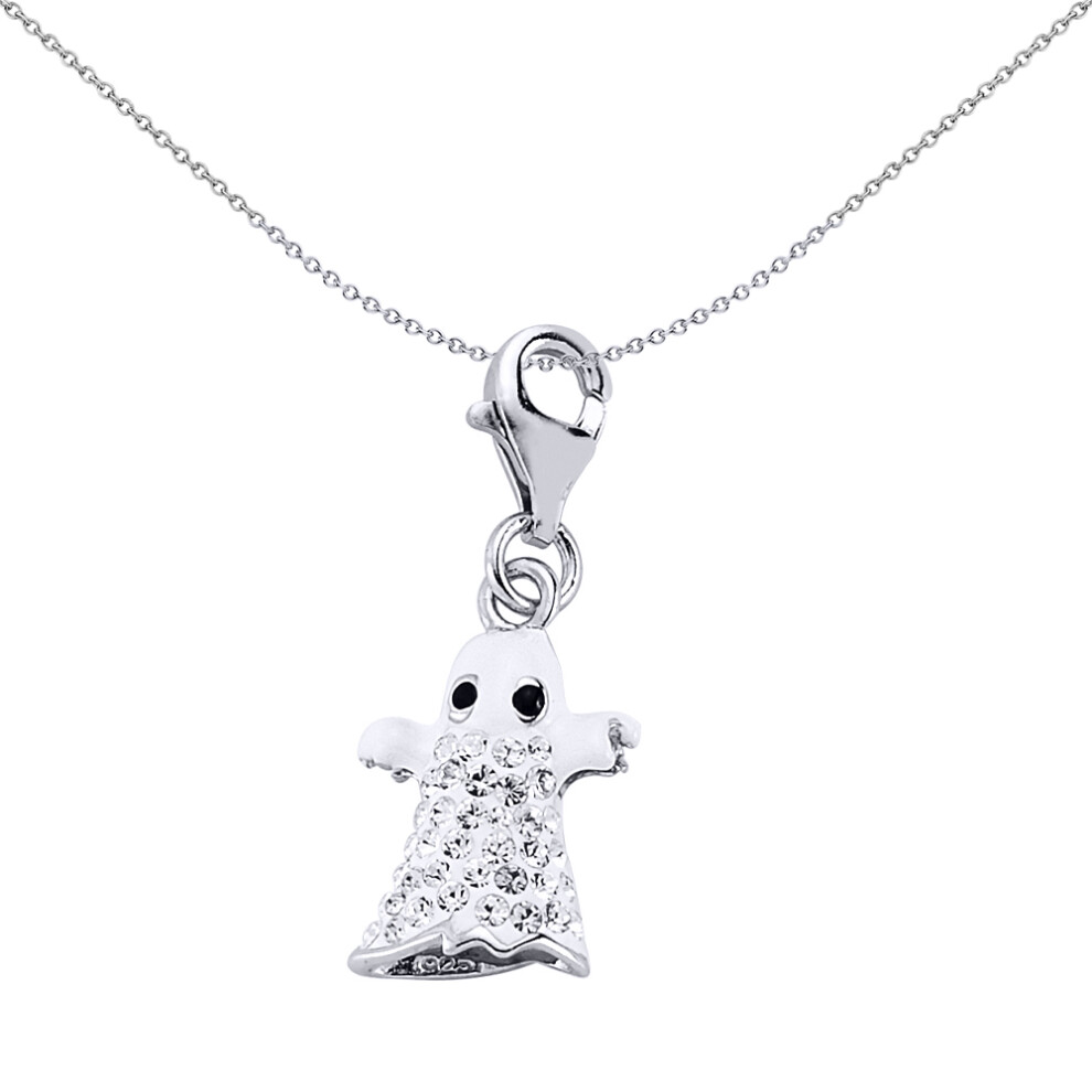 Jewelco London Sterling Silver Black White Enamel Crystal Boo Ghost Charm Pendant - CM143