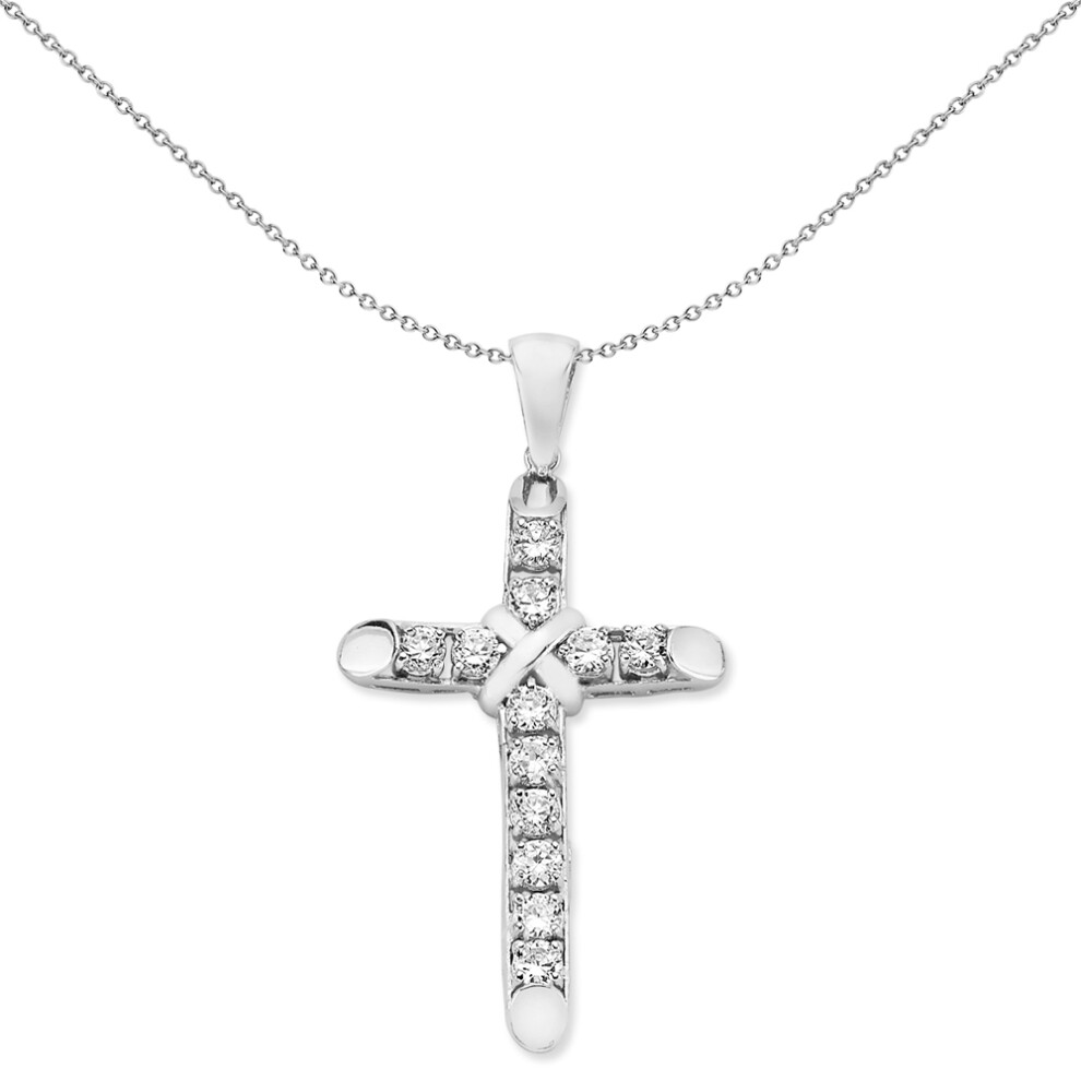 Jewelco London Unisex Rhodium Plated Sterling Silver CZ Bevelled Cap Kiss Wrap Cross Pendant Necklace 18 inch - GVX086