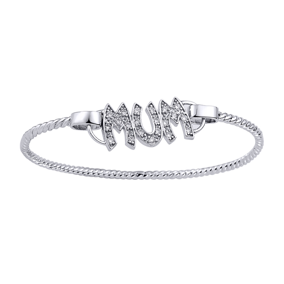 Jewelco London Ladies Sterling Silver Cubic Zirconia Rope Twist MUM Bangle Bracelet - GVG087
