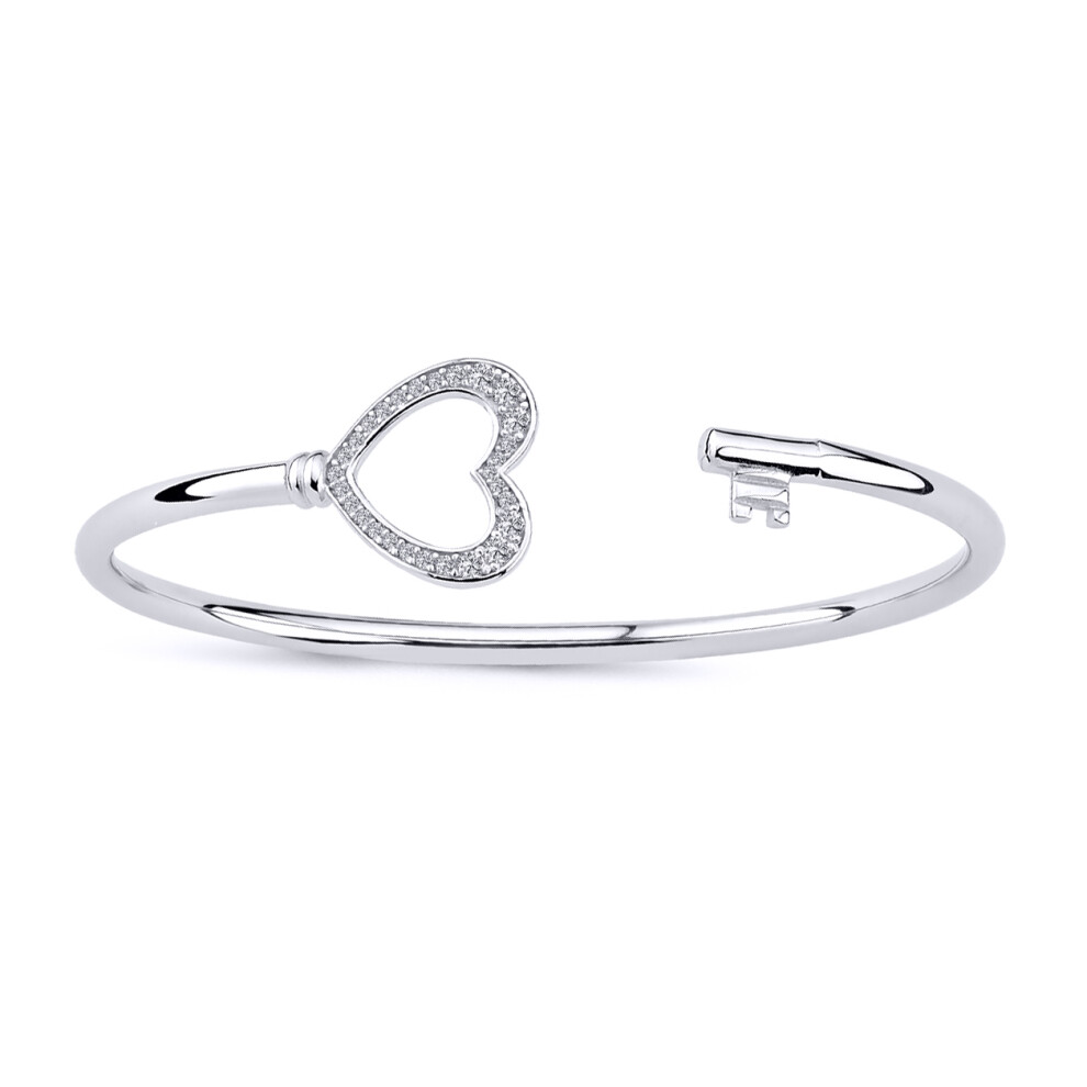 Jewelco London Ladies Sterling Silver Cubic Zirconia Love Heart Key Torque Bangle Bracelet 17mm - GVG198