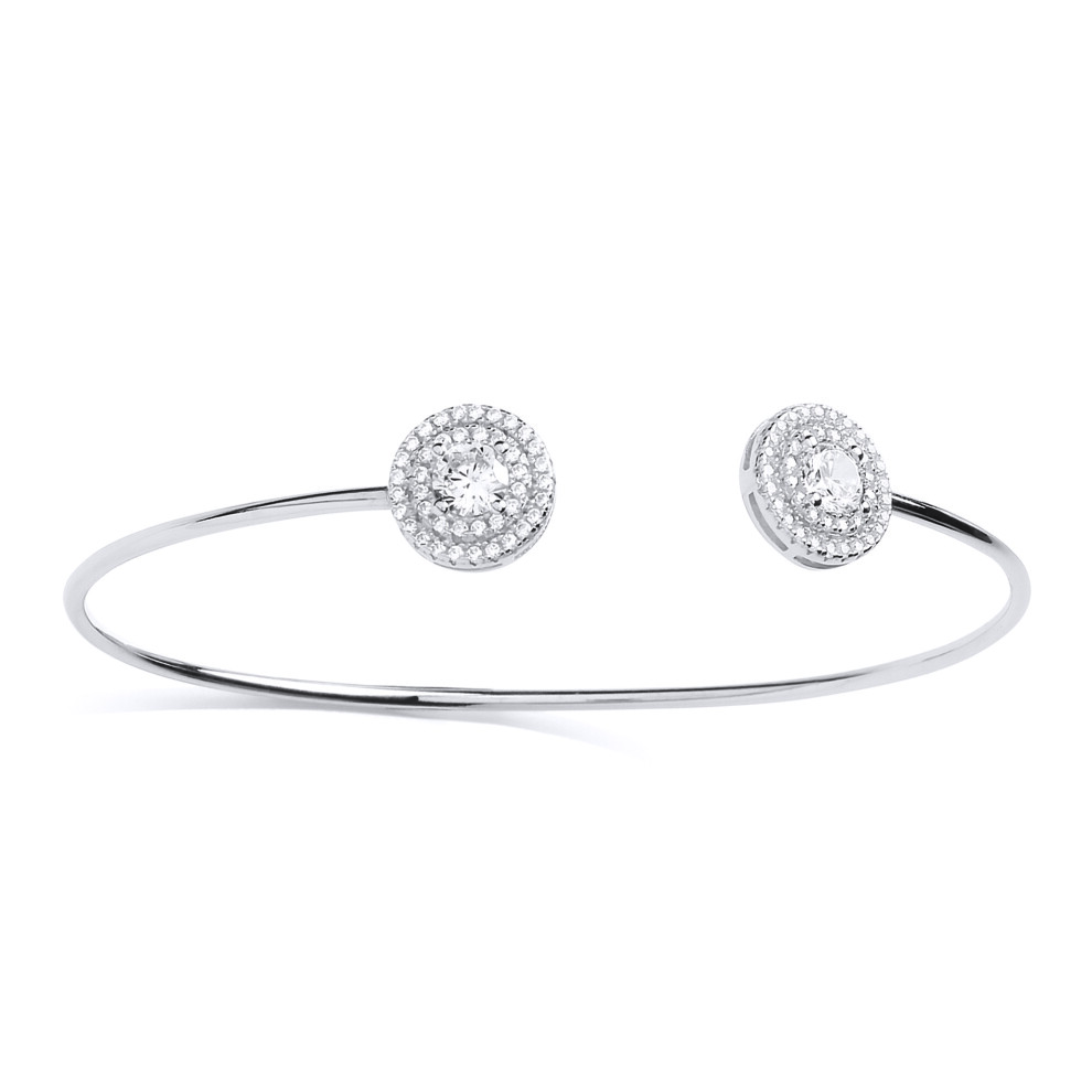 Jewelco London Ladies Sterling Silver Cubic Zirconia 2 Tier Halo Cluster Torque Bangle Bracelet 11mm - GVG199