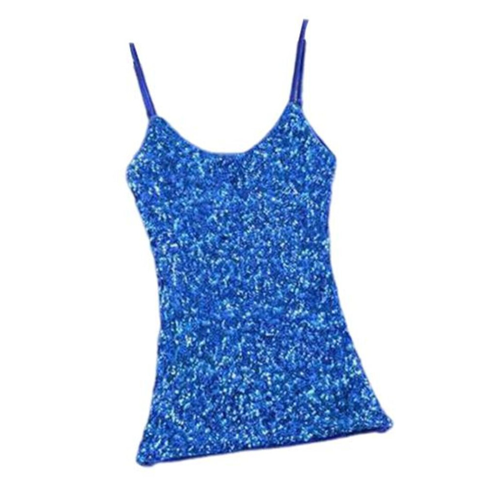 (dark blue) Women Summer Vest Top Shiny Sequin Sleeveless Adjustable Spaghetti Strap Slim Fit Soft Pullover Elastic Sparkling Stage Performance Tank Top