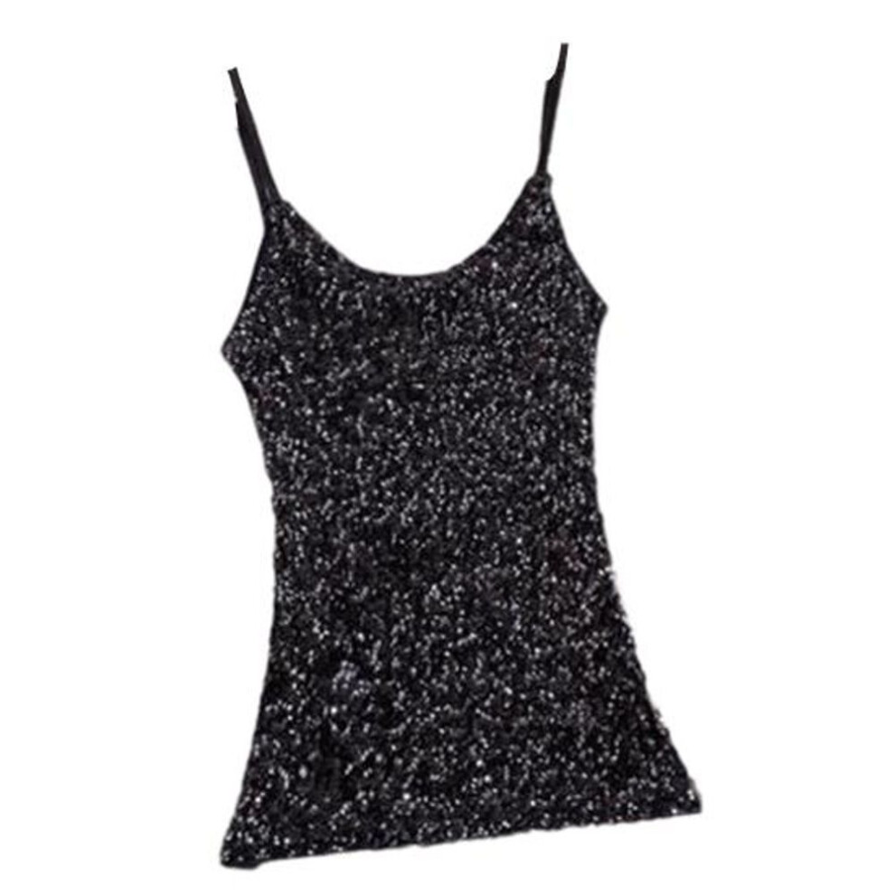 (black) Women Summer Vest Top Shiny Sequin Sleeveless Adjustable Spaghetti Strap Slim Fit Soft Pullover Elastic Sparkling Stage Performance Tank Top