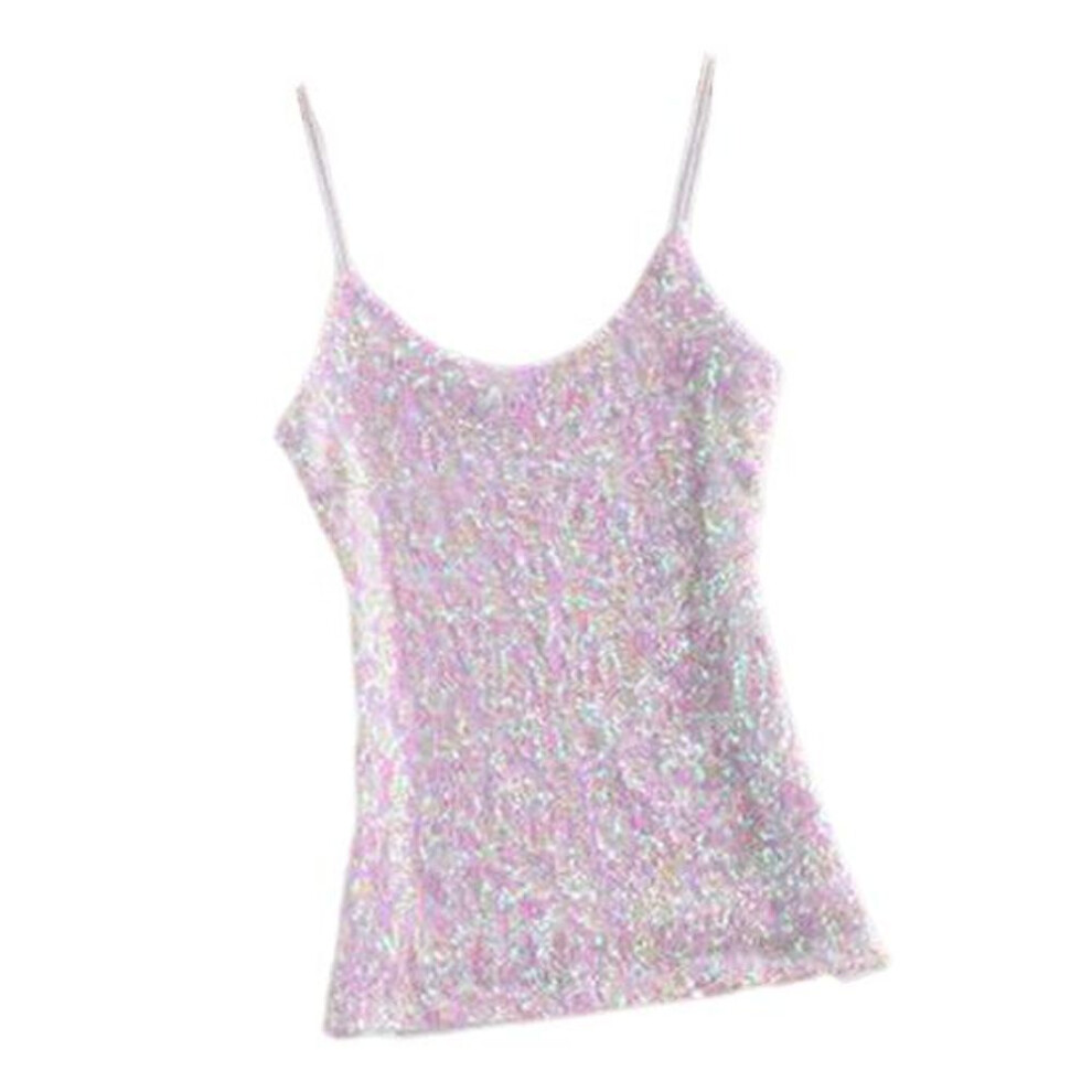 (white) Women Summer Vest Top Shiny Sequin Sleeveless Adjustable Spaghetti Strap Slim Fit Soft Pullover Elastic Sparkling Stage Performance Tank Top