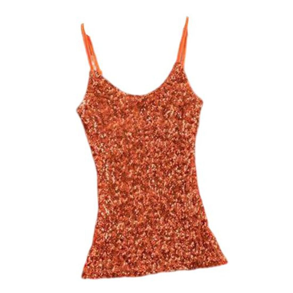 (orange) Women Summer Vest Top Shiny Sequin Sleeveless Adjustable Spaghetti Strap Slim Fit Soft Pullover Elastic Sparkling Stage Performance Tank Top
