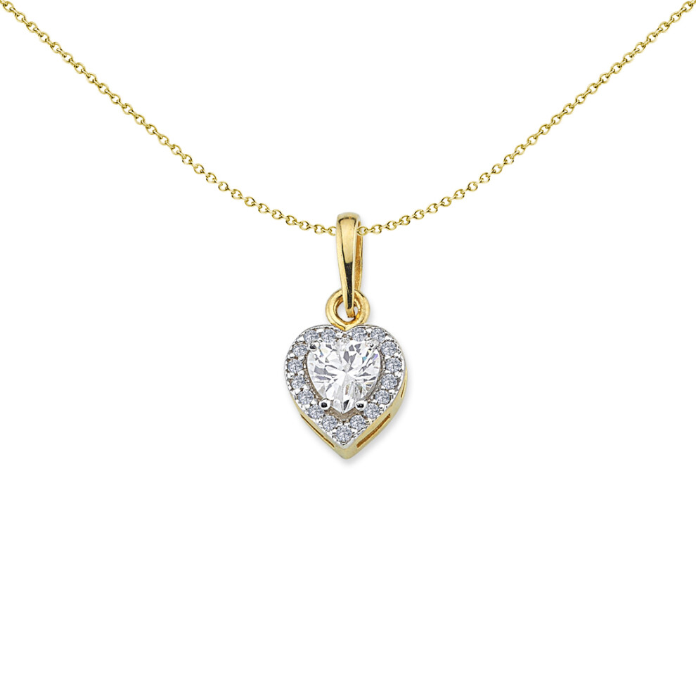 Jewelco London Ladies 2-Colour 9ct Gold Heart CZ Love Heart Solitaire Halo Pendant Necklace 16-20 inch - G9P6026