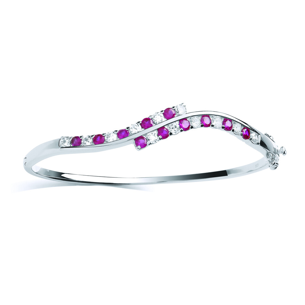 Jewelco London Ladies Sterling Silver Ruby-Red Cubic Zirconia Crossover Wave Alternating Eternity Bangle Bracelet - GVG216
