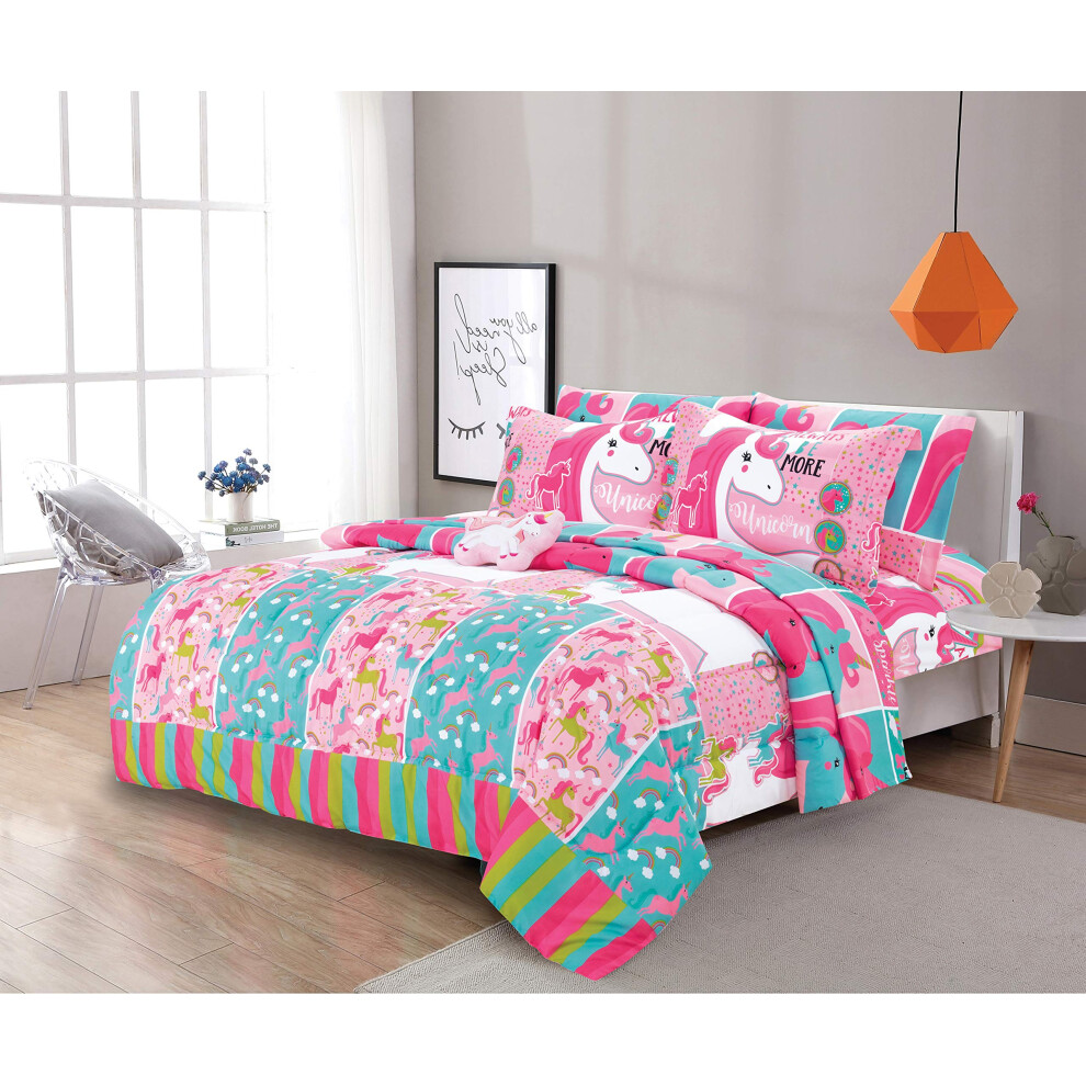 Sapphire Home Parure de lit complète 8 pièces avec sac et licorne pour filles et enfants, ensemble de couette avec draps, taie d'oreiller, jouet