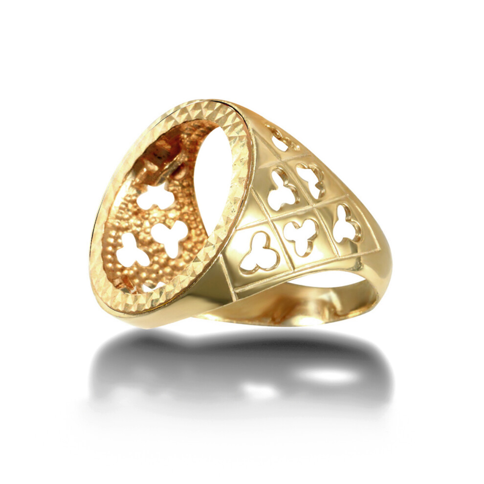 (N) Jewelco London Men's Solid 9ct Yellow Gold Clubs Clovers Half Sovereign Mount Ring - JRN177-H