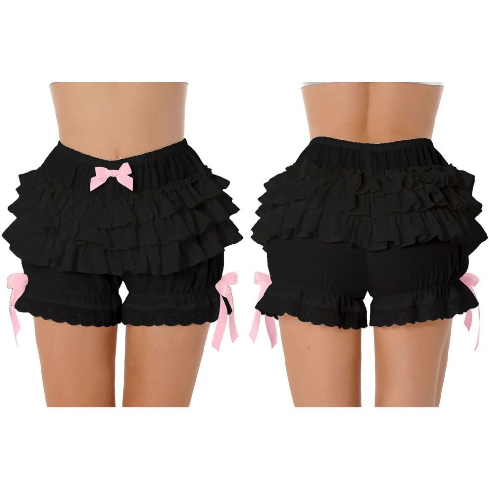 (black, S) Women Girl Masquerade Party Costume Ruffle Bloomers Bowknot Frilly Panties Solid Color Shorts