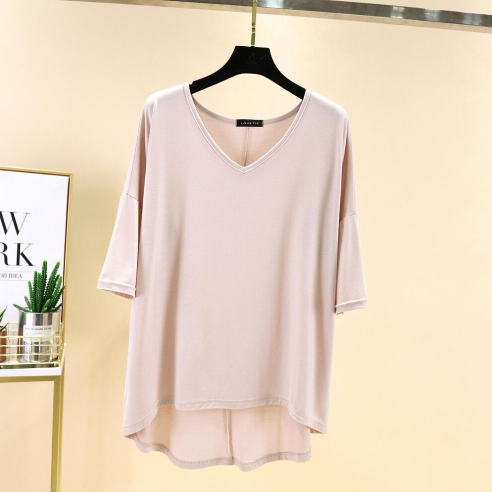 (nude, XL) Modal Batwing Tshirts Women Summer V-neck Tee Tops Half Sleeves Casual Loose Tees T-shirt Streetwear Plus Size