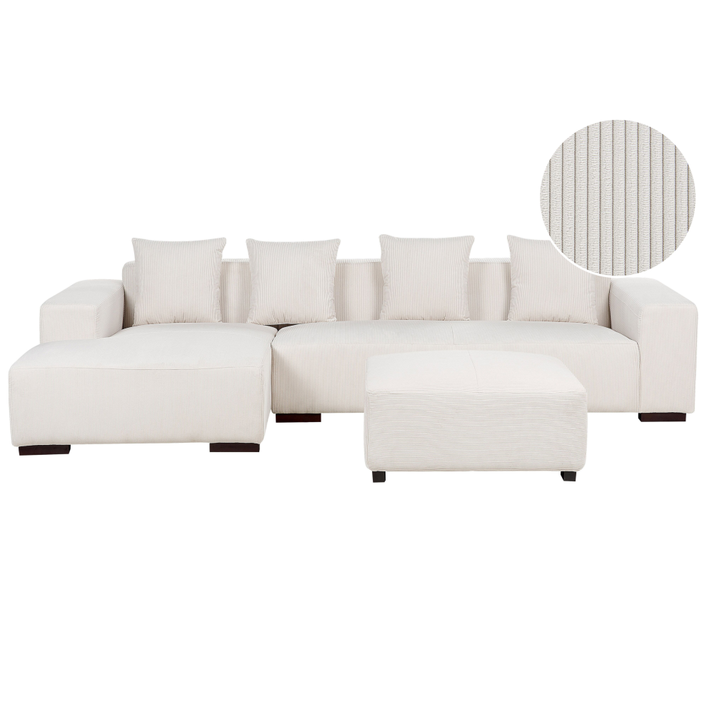 Right Hand Jumbo Cord Corner Sofa with Ottoman Off-White LUNGO