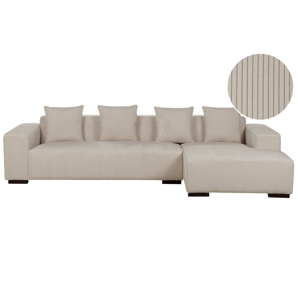 Left Hand Jumbo Cord Corner Sofa Beige LUNGO