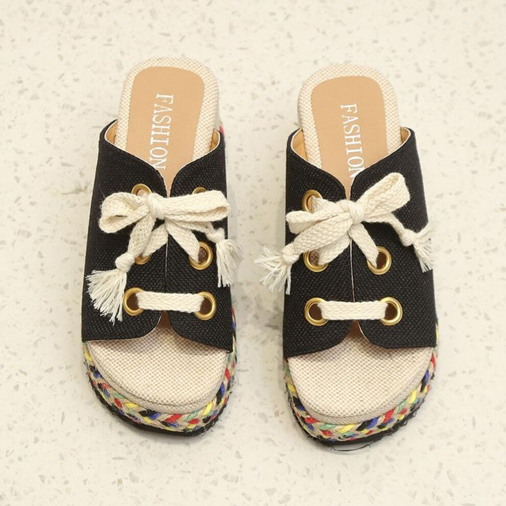 (black, 40) Summer Wedge Block Color-block Woven Slippers Women&apos;s Straw Lace-up Heeled Sandals