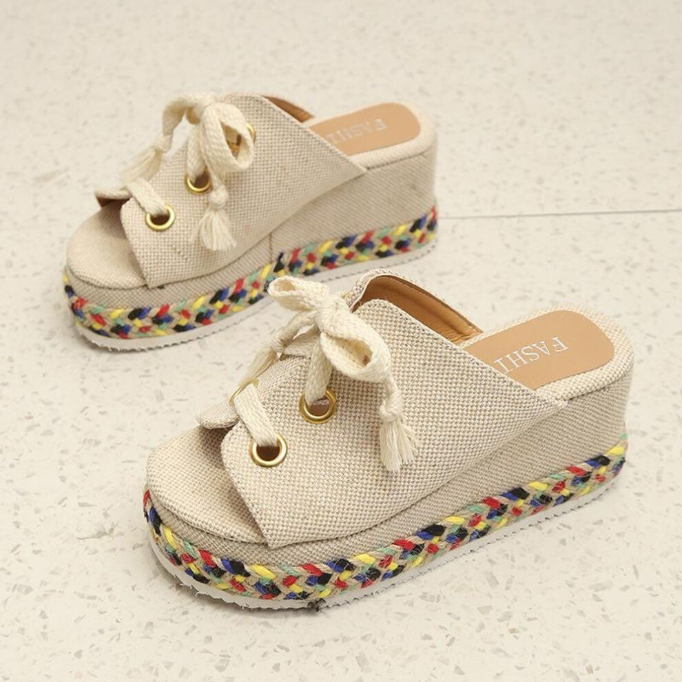 (beige, 35) Summer Wedge Block Color-block Woven Slippers Women&apos;s Straw Lace-up Heeled Sandals