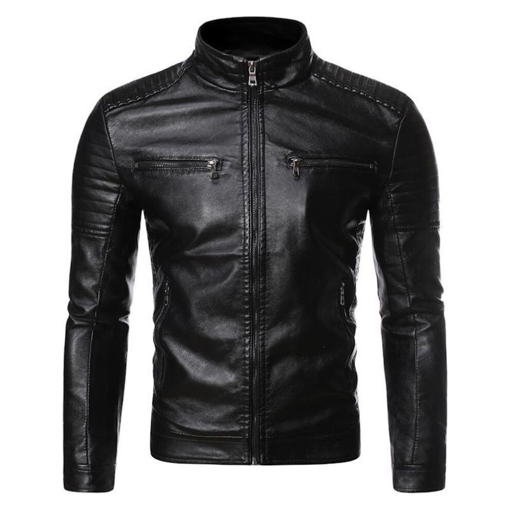 (black, M) Men&apos;s Washed Pu Leather Jacket Men&apos;s Stand Collar Men&apos;s Motorcycle Leather Jacket Men