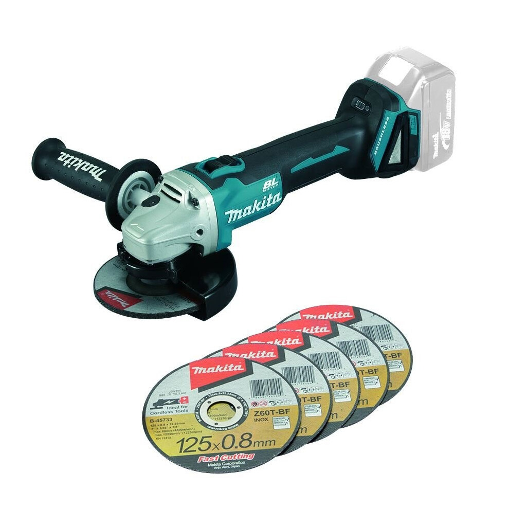 Makita DGA504Z 18v Cordless Brushless 125mm Angle Grinder Lithium Bare + 5 Discs