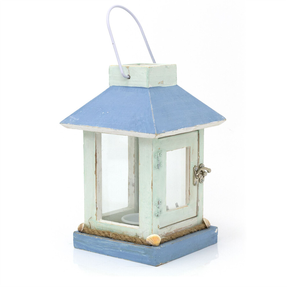 Carousel Nautical Wooden Tea Candle Lantern With Handle | Shabby Chic Tea Candle Holder | Hanging Wooden Lantern For Candles Blue/Light