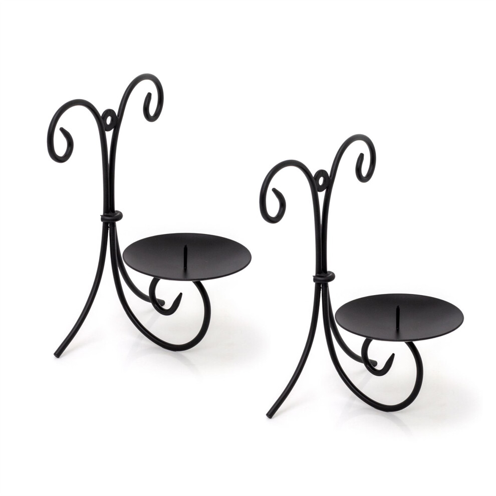 Set of 2 Black Metal Scroll Wall Sconce Candle Holders | Pack of 2 Wall Mounted Black Pillar Candle Holders | Wall Candle Plates With Spike