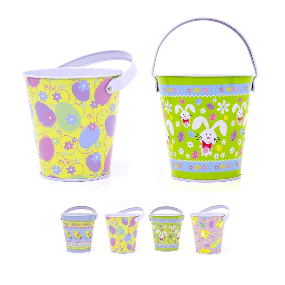 Set of 2 Easter Egg Hunt Bucket Tin | Pack of 2 Easter Basket Tin Easter Egg Collection Bucket With Handle | Candy Bucket Pail Easter Gifts