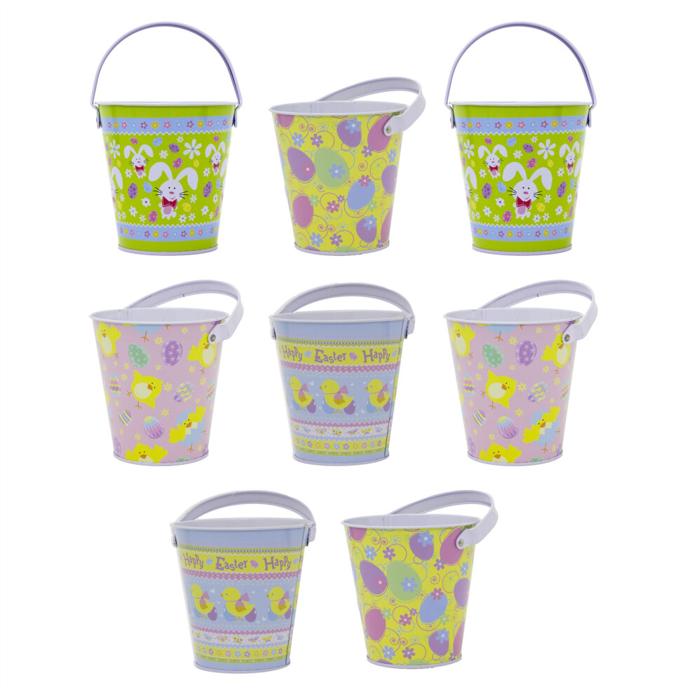 Set of 8 Easter Egg Hunt Bucket Tin | Pack of 8 Easter Basket Tin Easter Egg Collection Bucket With Handle | Candy Bucket Pail Easter Gifts