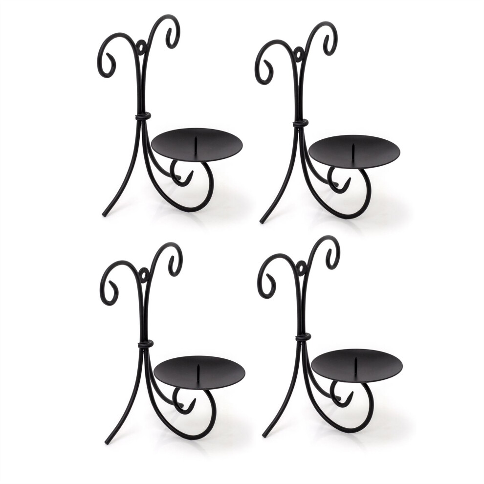 Set of 4 Black Metal Scroll Wall Sconce Candle Holders | Pack of 4 Wall Mounted Black Pillar Candle Holders | Wall Candle Plates With Spike