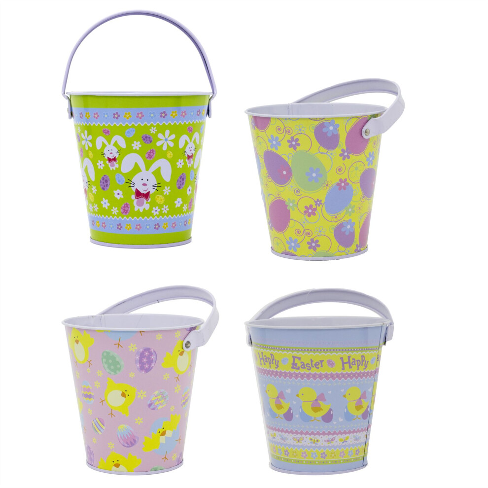 Set of 4 Easter Egg Hunt Bucket Tin | Pack of 4 Easter Basket Tin Easter Egg Collection Bucket With Handle | Candy Bucket Pail Easter Gifts