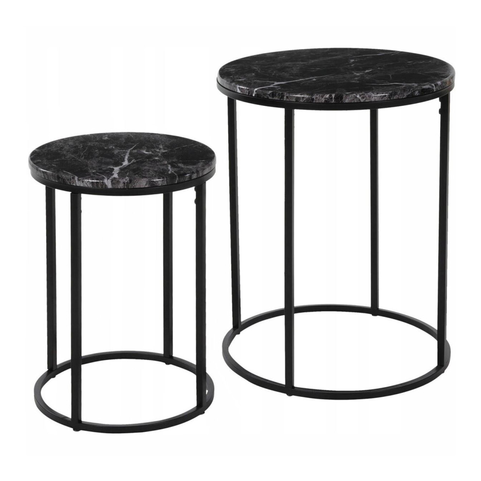 Set Of 2 Black Metal Side Tables With Marble Effect Tops | 2 Piece Round End Tables Nesting Tables | Occasional Pedestal Table 2 Piece Nest Of Tables