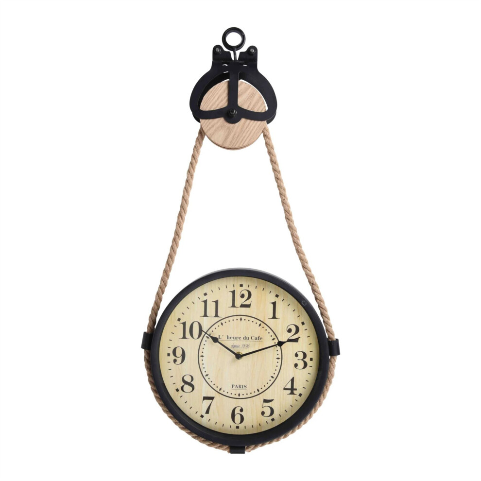 Industrial French Style Clock On Pulley | Metal Hanging Clock On Rope Pulley | Rustic Paris Wall Clock Black Metal Round Wall Clock