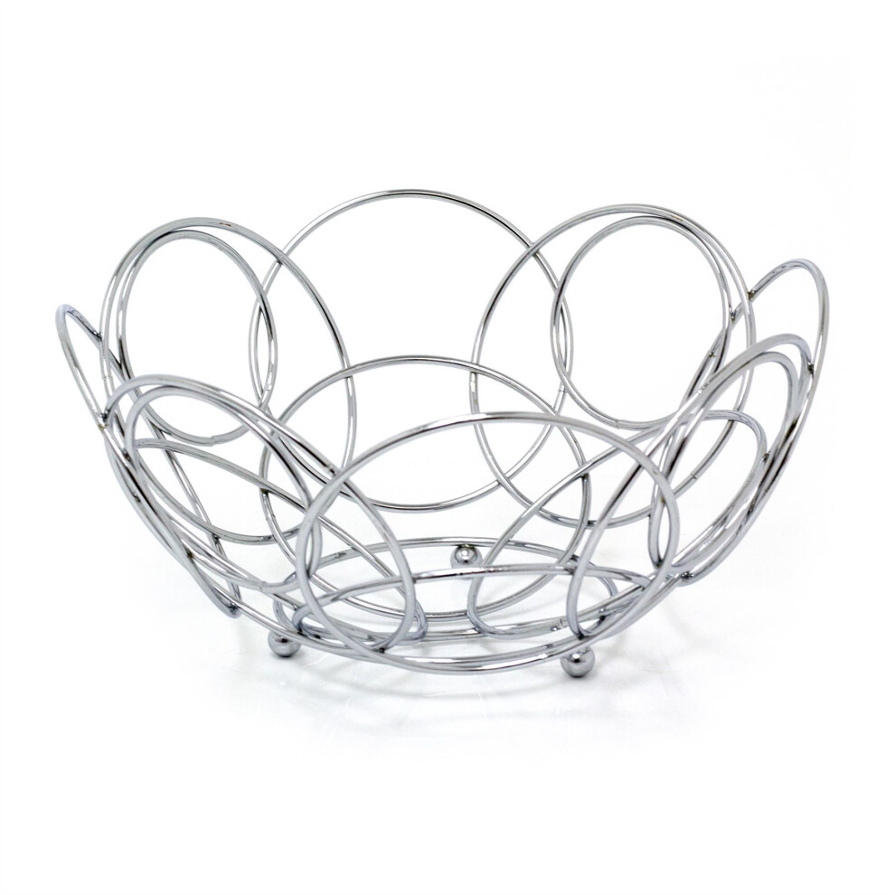 Chrome Round Wire Fruit Bowl | Silver Metal Large Fruit Basket | Fruit & Vegetable Kitchen Storage Basket - 26cm