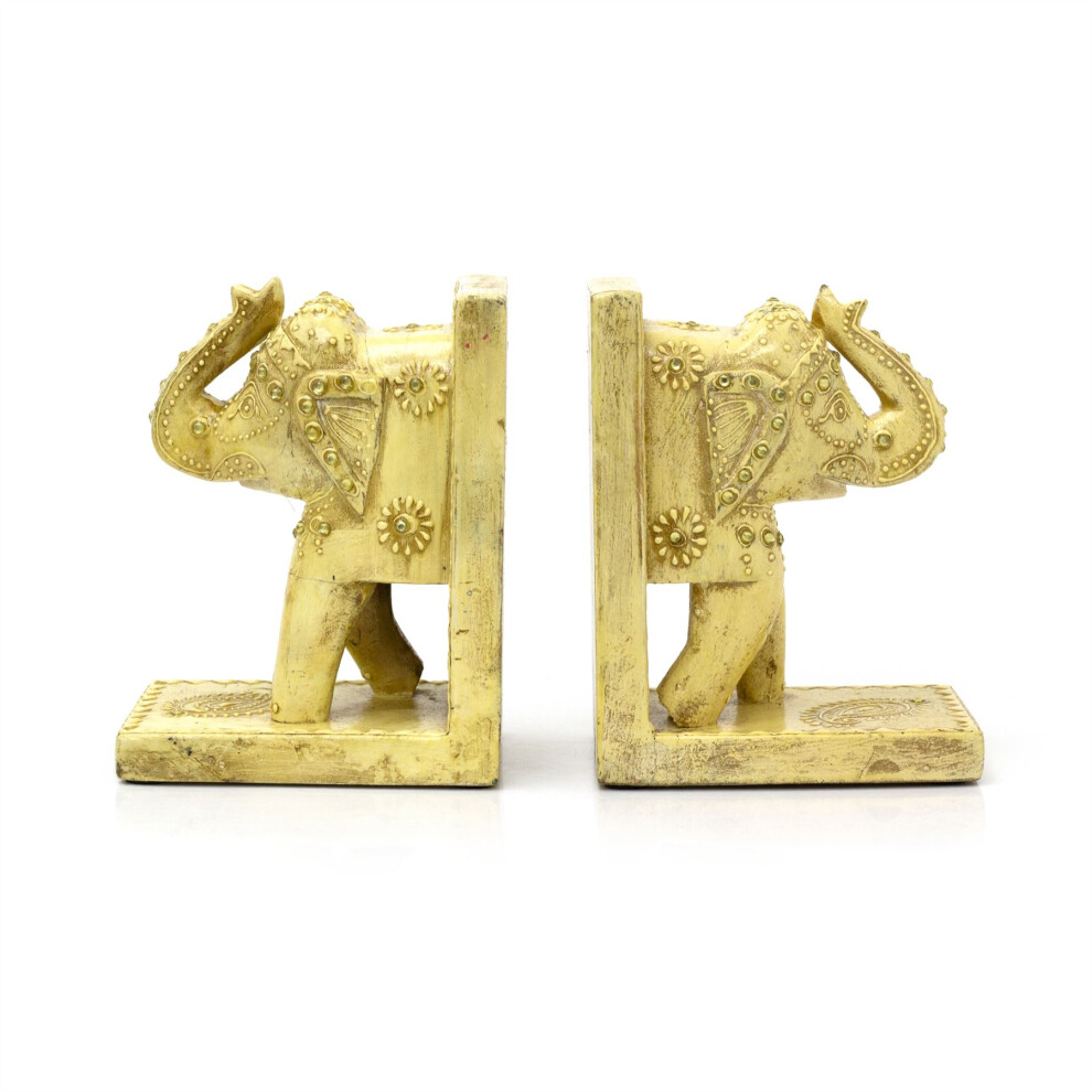 Carousel Pair Of White Elephant Wooden Bookends | Set Of 2 Safari Elephant Book End Statue | White Elephant Ornament Animal Bookends For Shelves