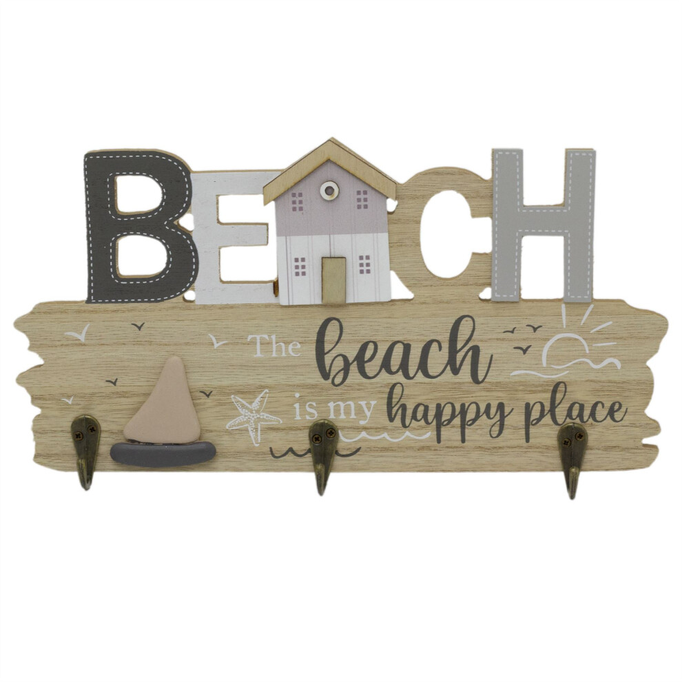 Beach Wooden Plaque with Hooks | The Beach is My Happy Place Nautical Wall Plaque with 3 Hooks
