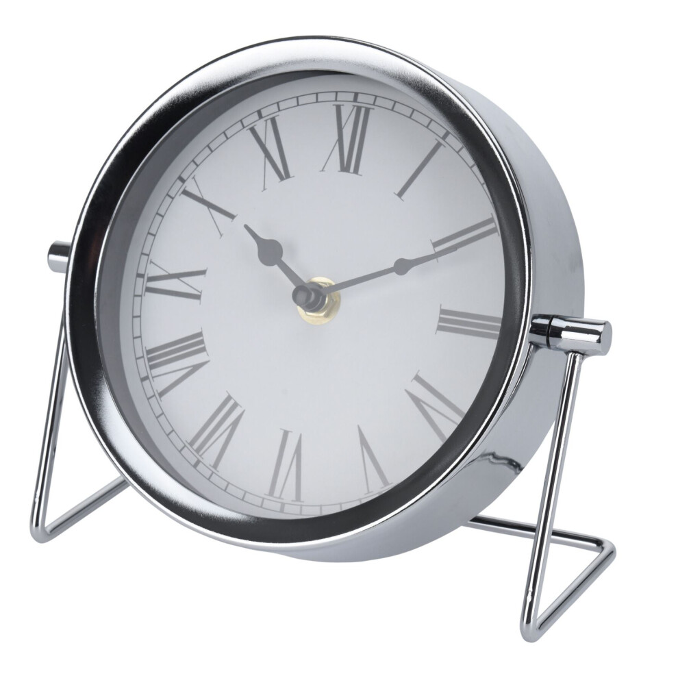 Modern Silver Metal Mantel Clock | Battery Operated Desk Clock With Stand | Nightstand Bedside Table Clock- 16x18cm