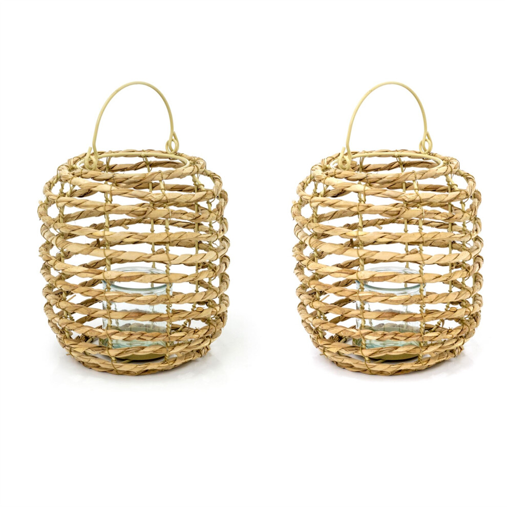Set of 2 Rattan Hanging Candle Lantern | Decorative Woven Tea Light Candle Holder | Large Hanging Hurricane Candle Lantern - 22cm