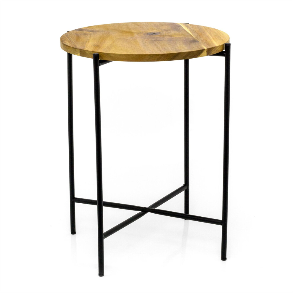 Round Acacia Wood Side Table | Black Metal Bedside Table Wooden Pedestal Table | End Table For Living Room - 40x48cm