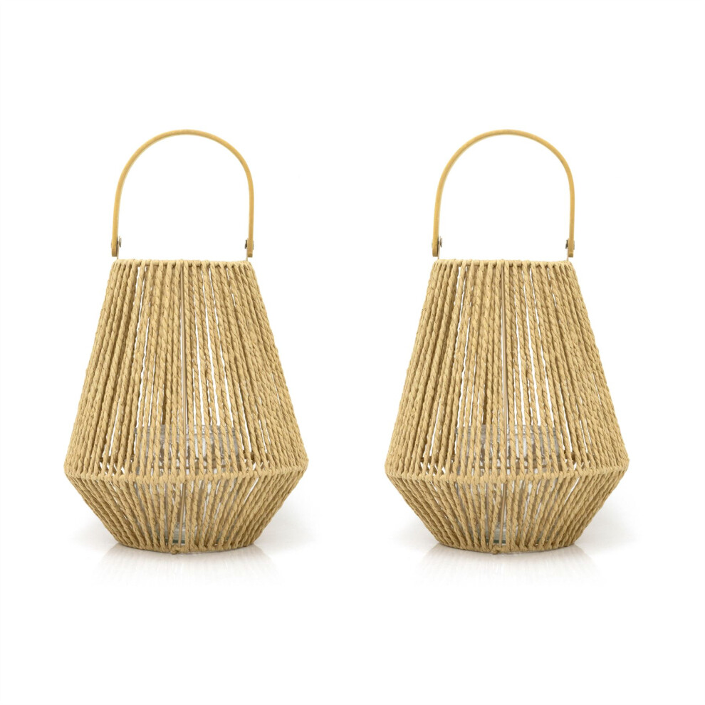 Set of 2 Woven Hanging Candle Lantern | Decorative Natural Jute Tea Light Candle Holder | Large Jute Hanging Hurricane Candle Lantern - 26cm
