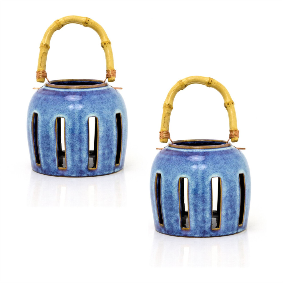 Pack of 2 Blue Ceramic Candle Lantern With Bamboo Handle | Hanging Tea Light Candle Holder | Rustic Candle Lantern - 13x13cm