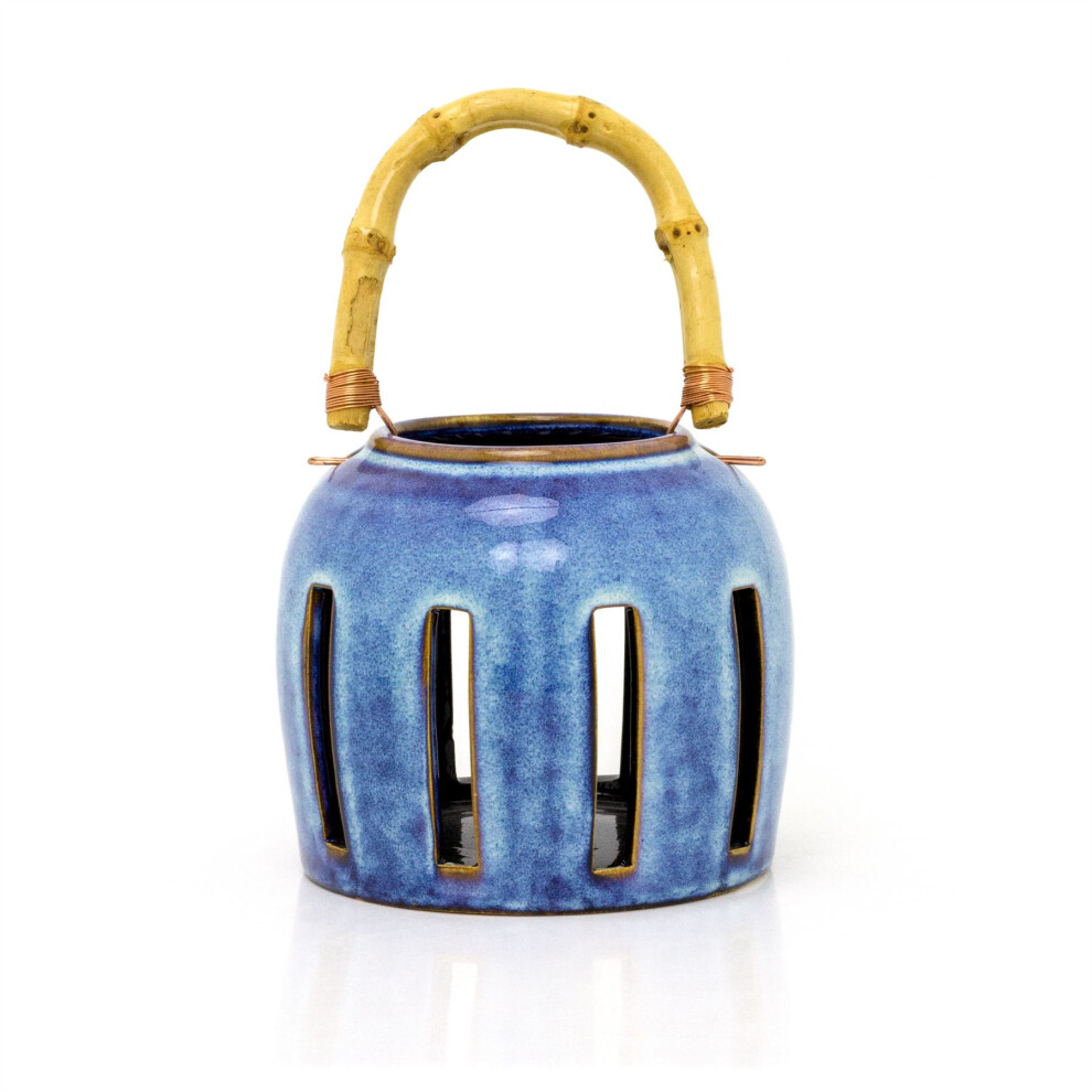 Blue Ceramic Candle Lantern With Bamboo Handle | Hanging Tea Light Candle Holder | Rustic Candle Lantern - 13x13cm