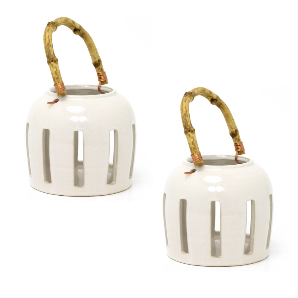 Pack of 2 White Ceramic Candle Lantern With Bamboo Handle | Hanging Tea Light Candle Holder | Rustic Candle Lantern - 13x13cm