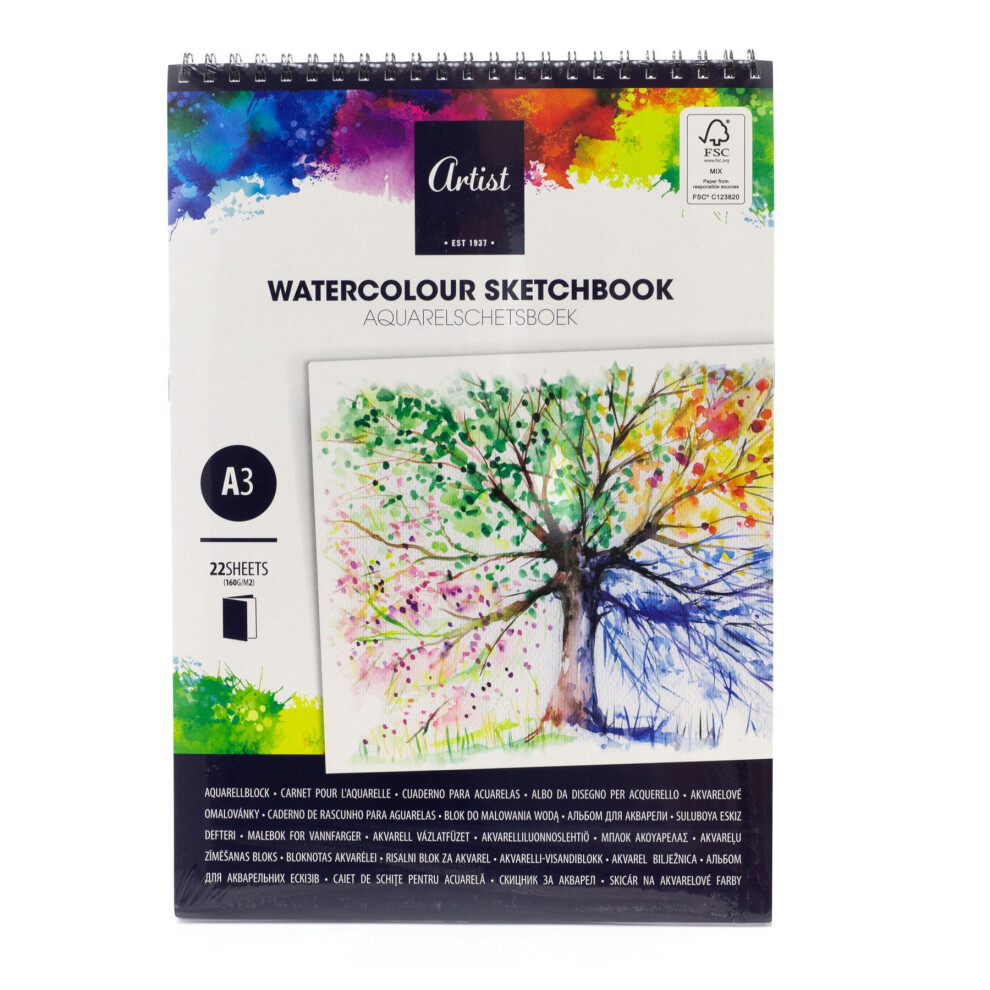 A3 Watercolour Sketchbook | 22 Sheets Artist Painting Sketch Pad 160gsm Cartridge Paper | Drawing Pad Sketching Book for Artists