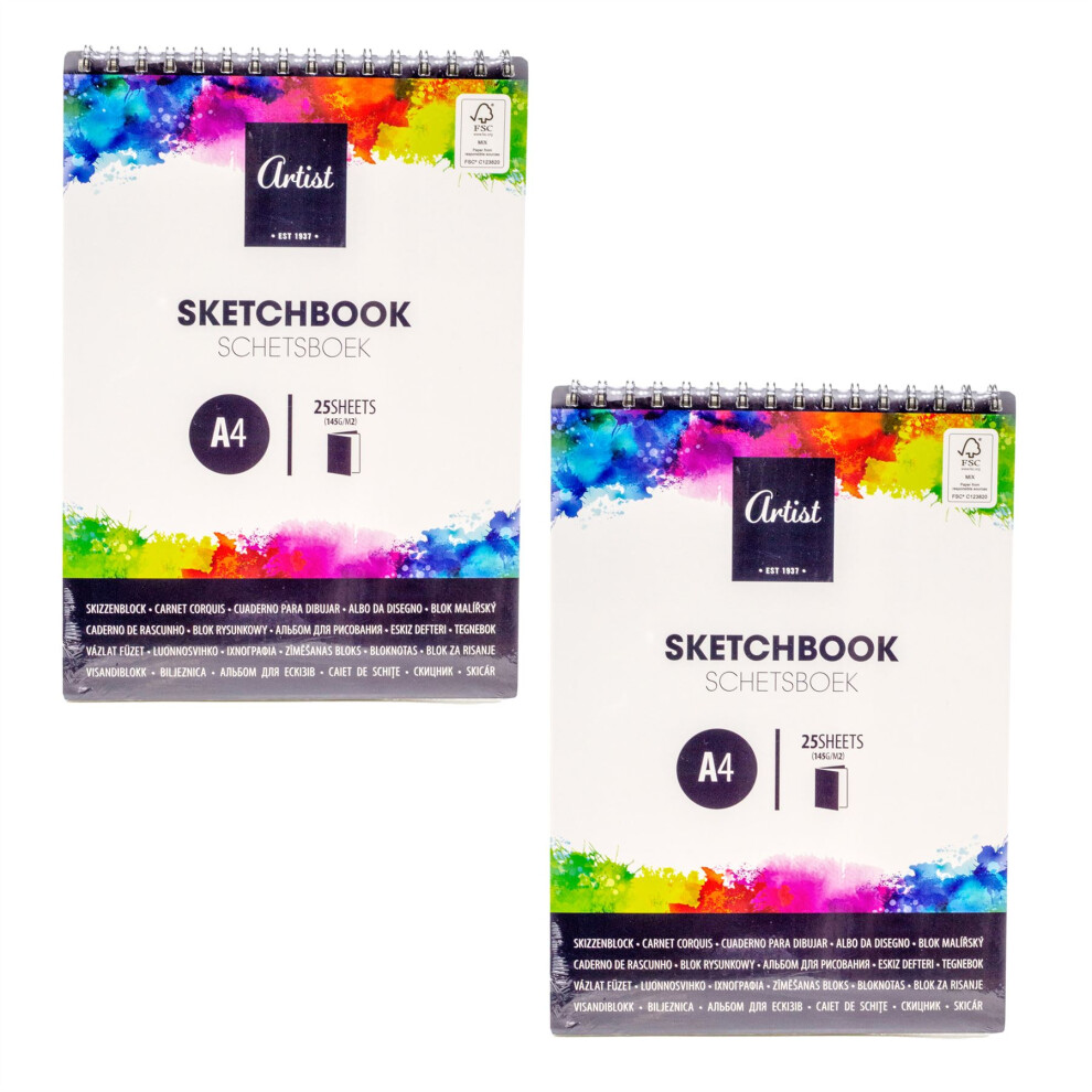 Pack of 2 Artist A4 Sketch Pads 25 Sheets Art Sketchbooks | Artists Sketch Pads 145gsm Cartridge Paper | Drawing Pads Sketching Books for Artists
