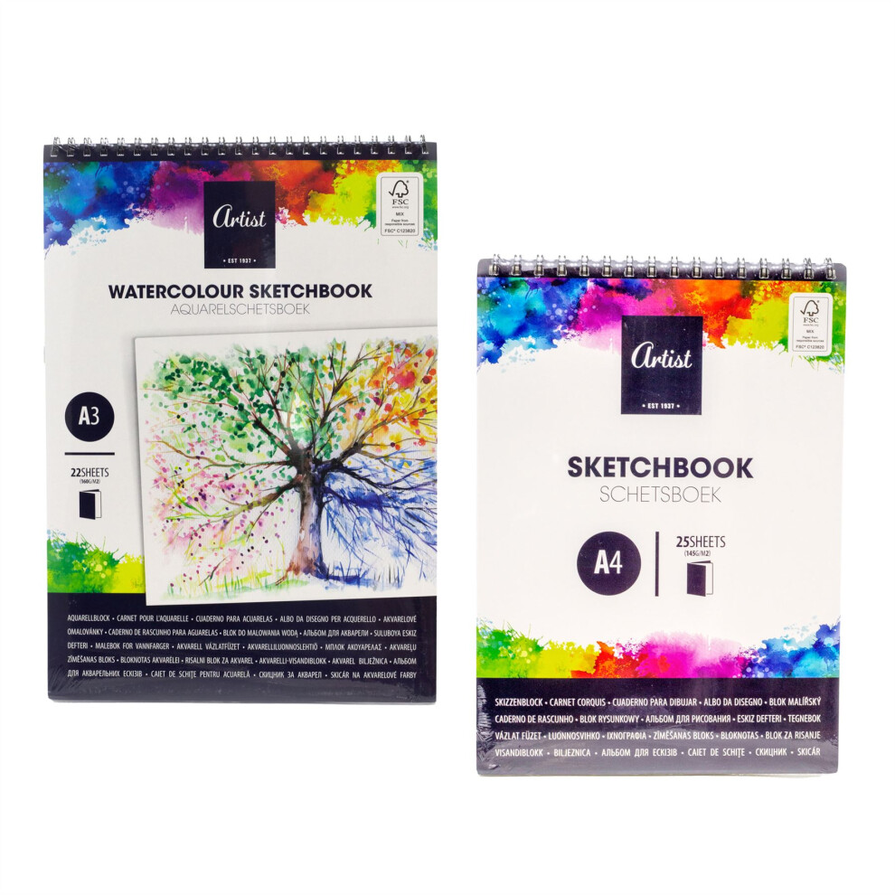 Set Of 2 Artist Sketch Pads | A4 Sketch Pad & A3 Watercolour Sketchbook | Drawing Pad & Sketching Book For Artists