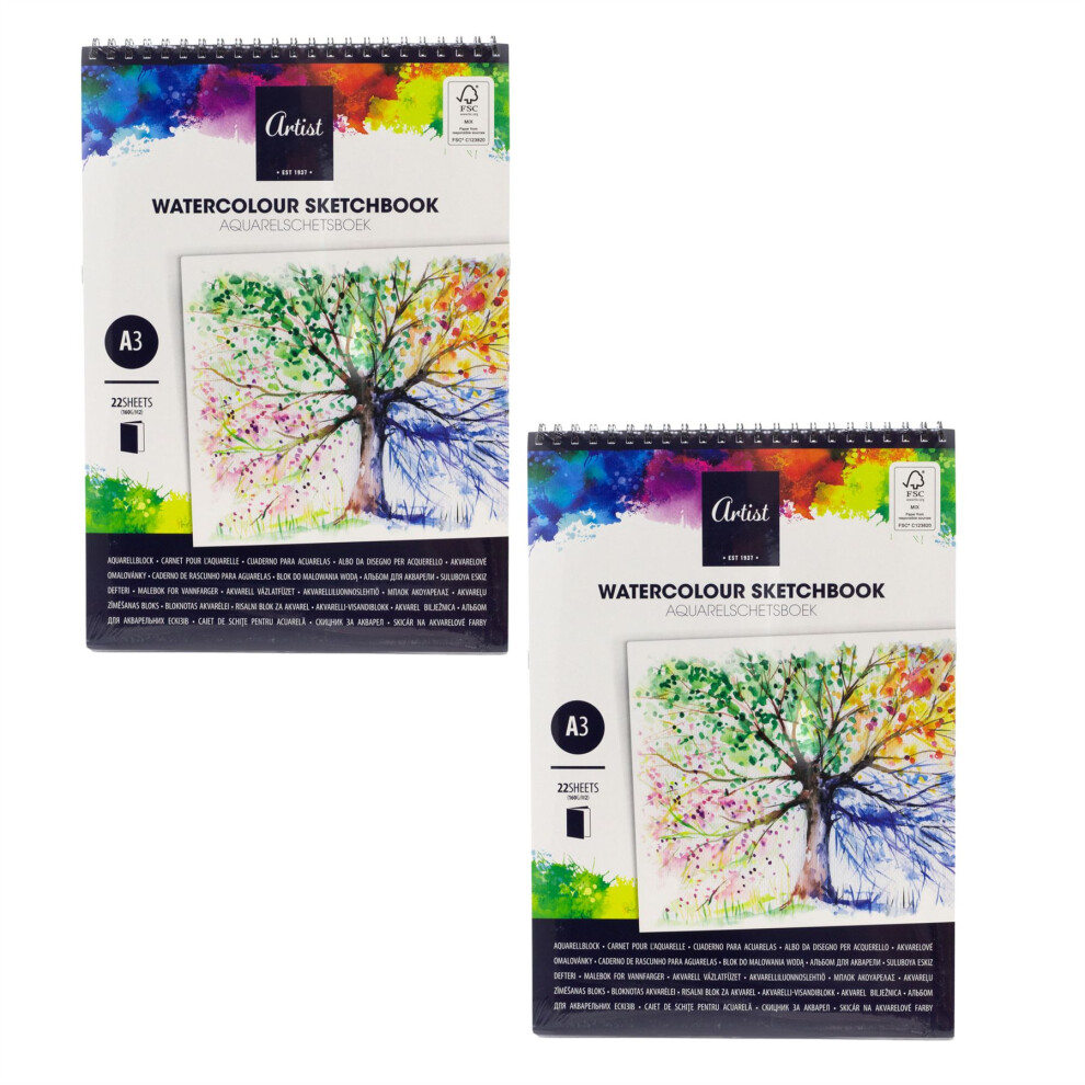 Pack of 2 Artist A3 Watercolour Sketchbooks | 22 Sheets Artist Painting Sketch Pads 160gsm White Paper | Drawing Pads Sketching Books for Artists