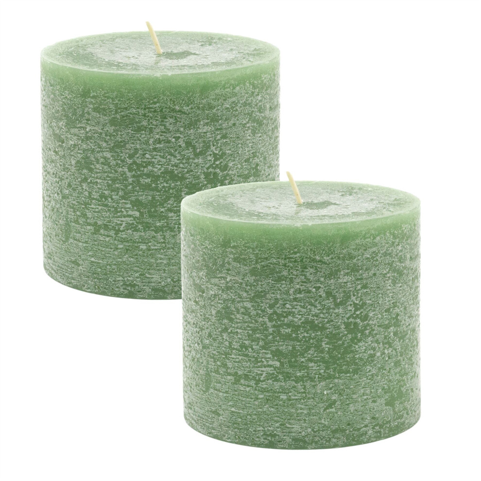 Pack of 2 Dark Green Unscented Pillar Candle | Church Pillar Candle Votive Lantern Block Candle | Decorative Chunky Pillar Candle - 10x9cm