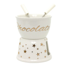 Chocolate Fondue Set | Ceramic Chocolate Tea Light Candle Fondue Set Pot with 2 Forks | White Porcelain Chocolate Fondue Pot