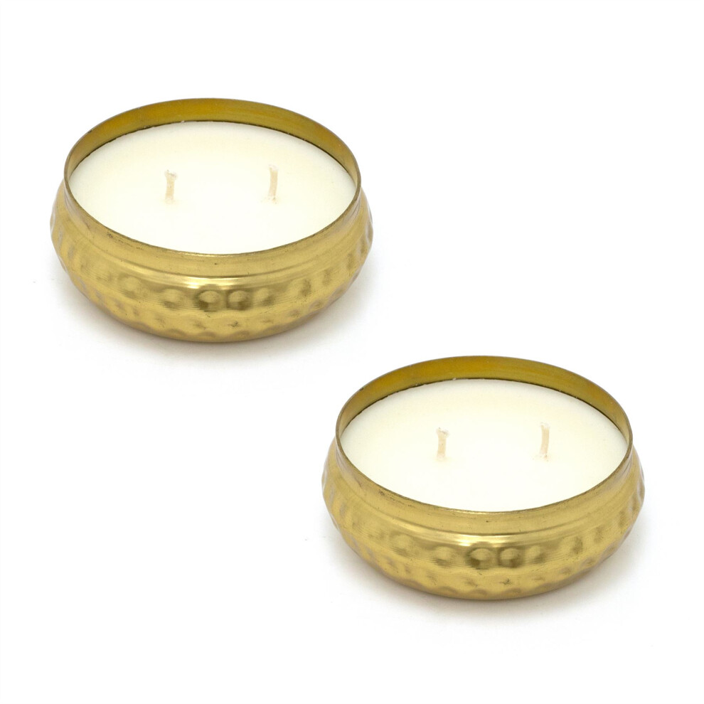Pack of 2 Dual Wick Scented Candle | Bohemian Style Gold Metal Candle Round Gold Candle Display Bowl | Fragrance Candle And Holder Pot - 10cm