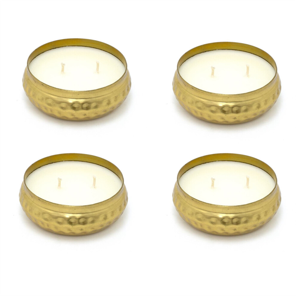 Pack of 4 Dual Wick Scented Candle | Bohemian Style Gold Metal Candle Round Gold Candle Display Bowl | Fragrance Candle And Holder Pot - 10cm