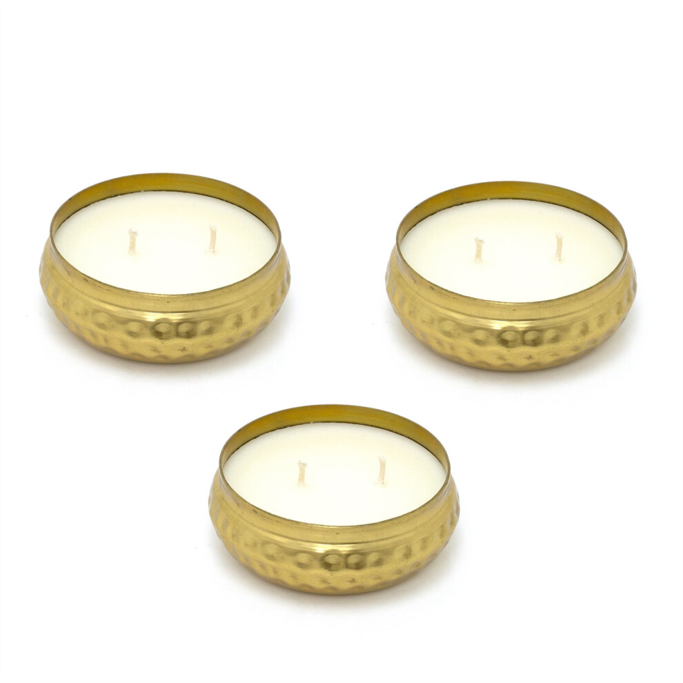 Pack of 3 Dual Wick Scented Candle | Bohemian Style Gold Metal Candle Round Gold Candle Display Bowl | Fragrance Candle And Holder Pot - 10cm